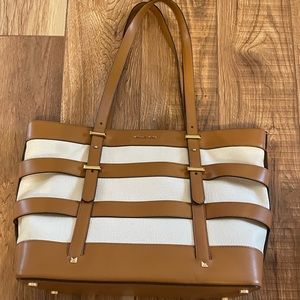 Michael Kors Canvas Satchel Purse Tote tan cream leather